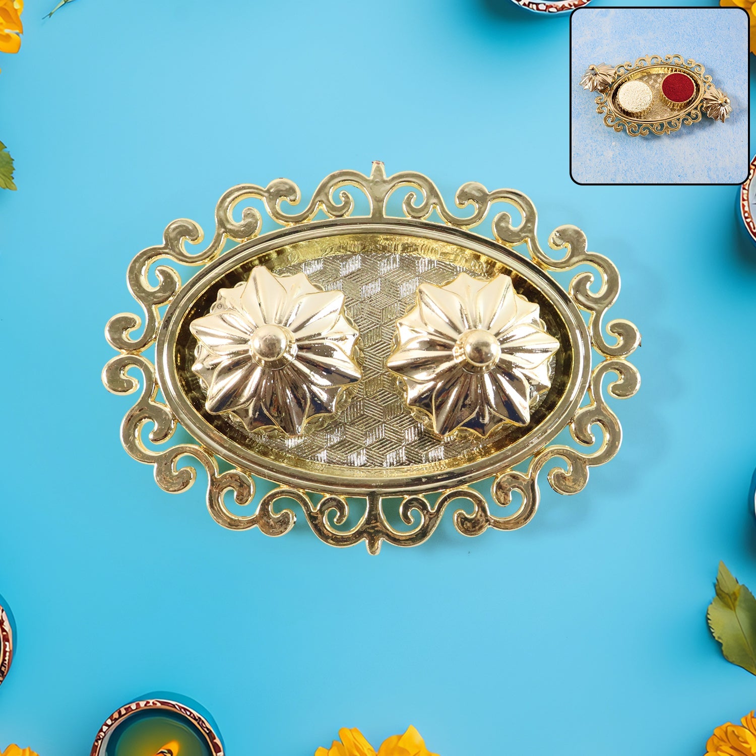 Double kumkum dish with ornate golden plastic tray for pooja rituals