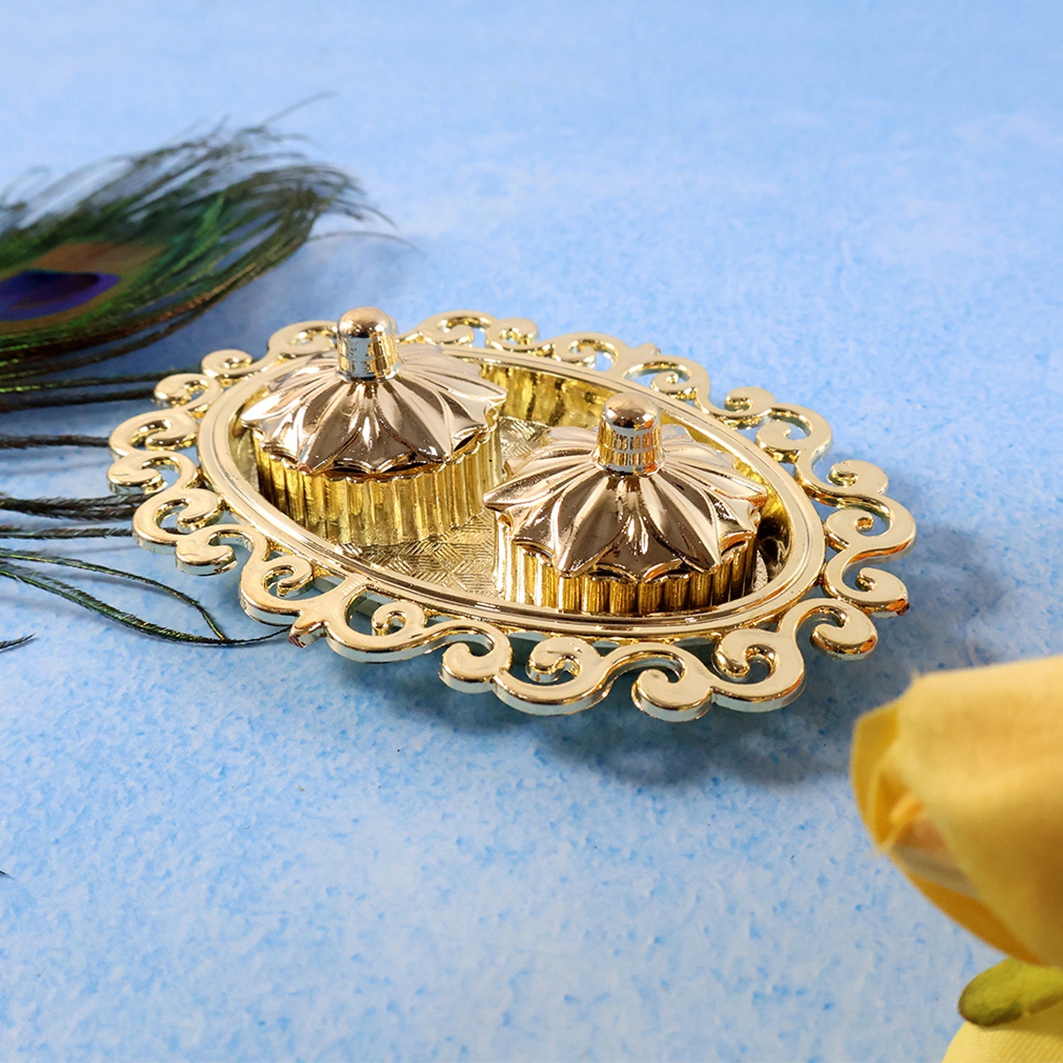 Dual compartment kumkum holder with intricate ornamental border design