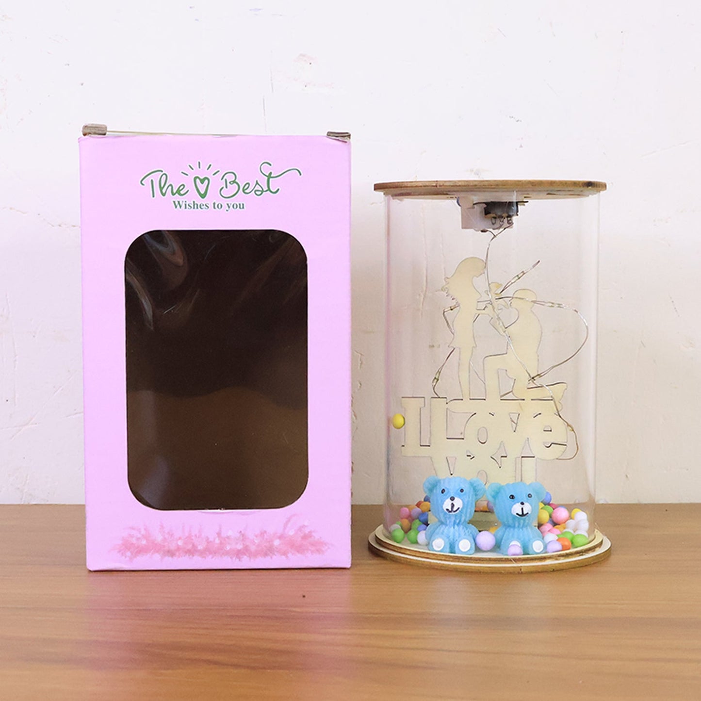 Decorative LED lamp with couple silhouette and playful plush bears