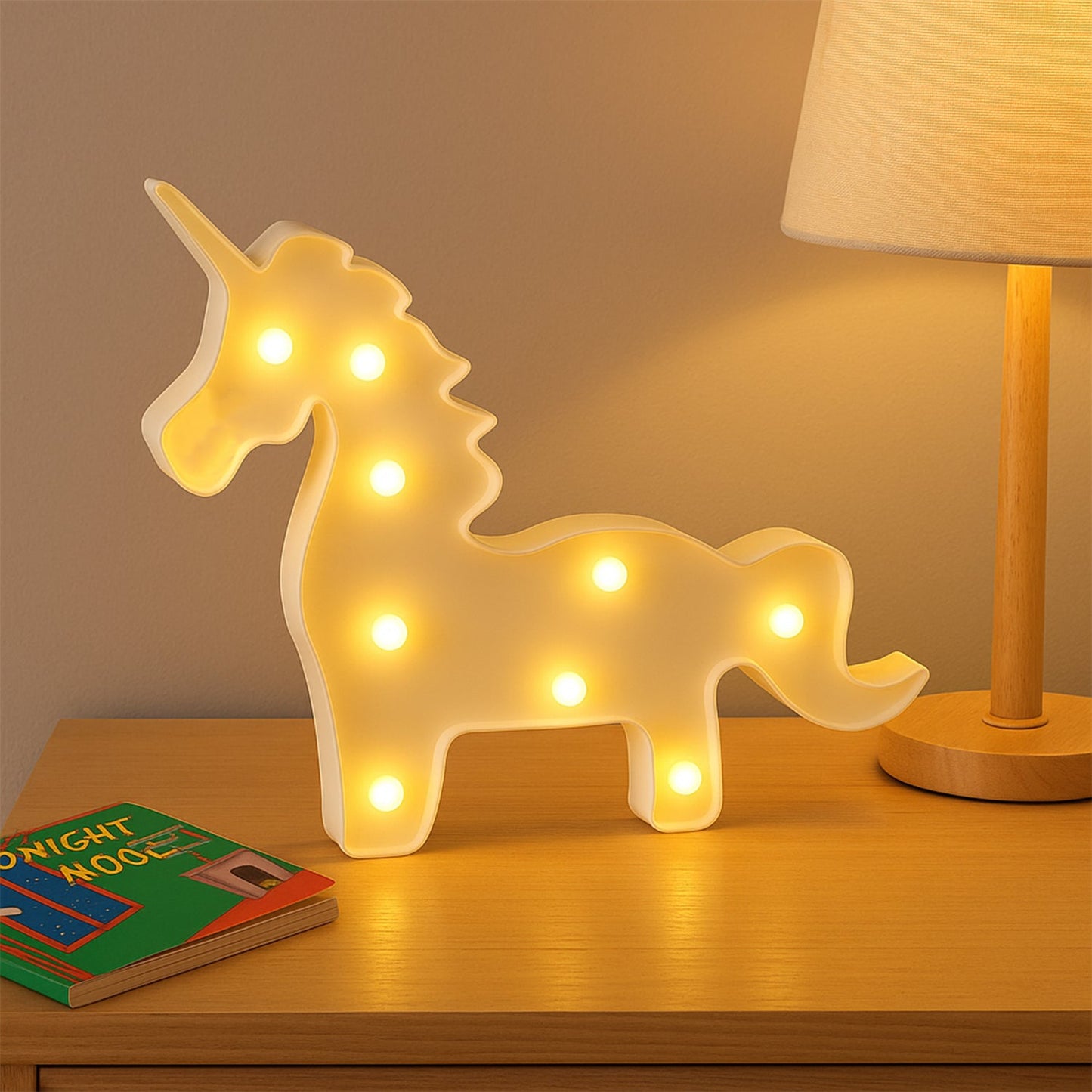 Side view of battery powered LED unicorn night lamp for kids’ room decor