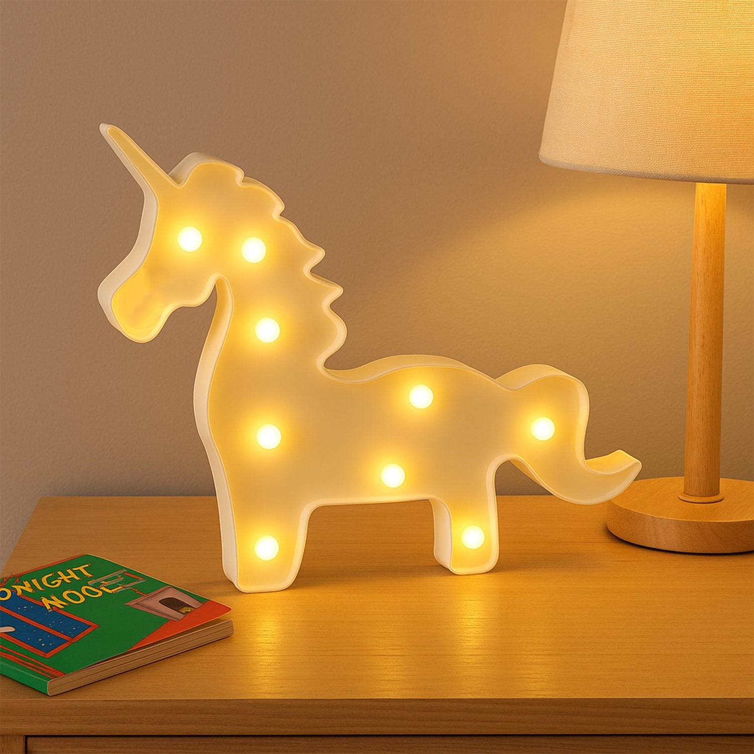 Side view of battery powered LED unicorn night lamp for kids’ room decor