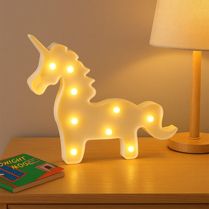 Side view of battery powered LED unicorn night lamp for kids’ room decor