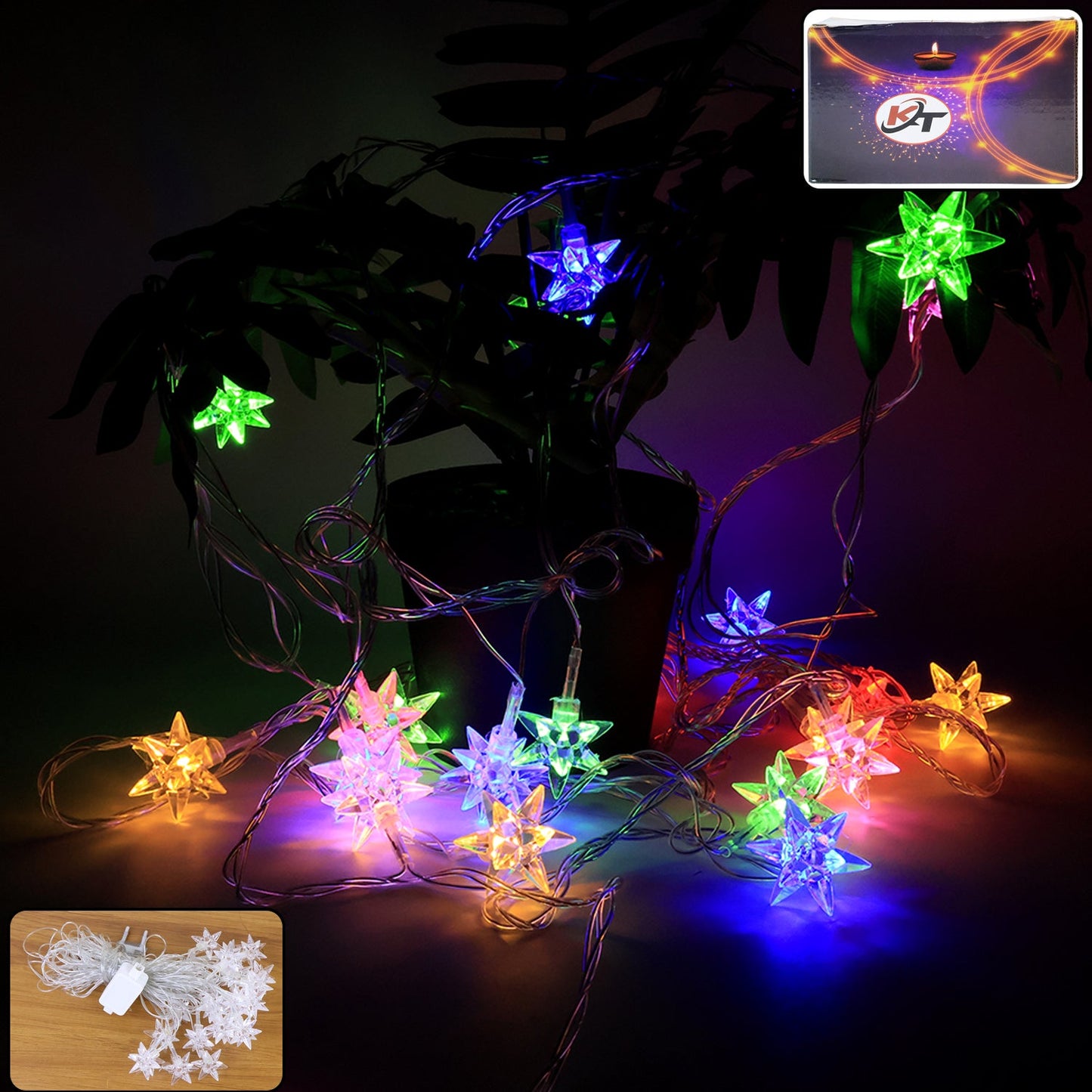 8 meter multicolor LED decorative string light with star-shaped covers illuminating indoors