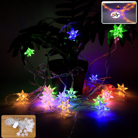 8 meter multicolor LED decorative string light with star-shaped covers illuminating indoors