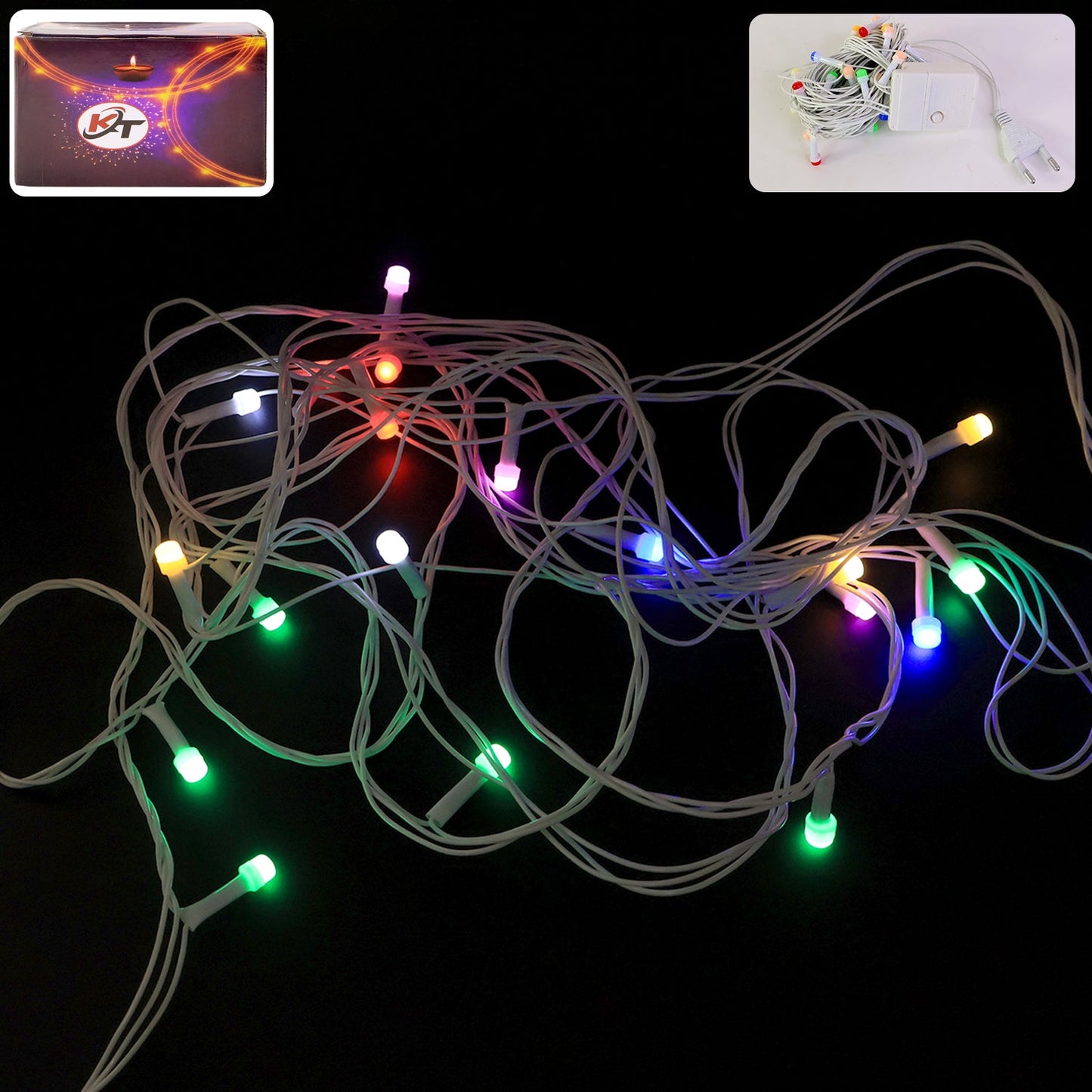 8 meter multi-color LED string light with white wire hanging on wall