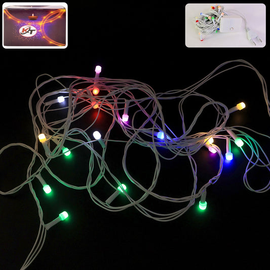 8 meter multi-color LED string light with white wire hanging on wall