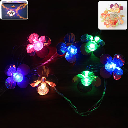 8 meter flower-shaped multicolor LED string lights glowing indoors