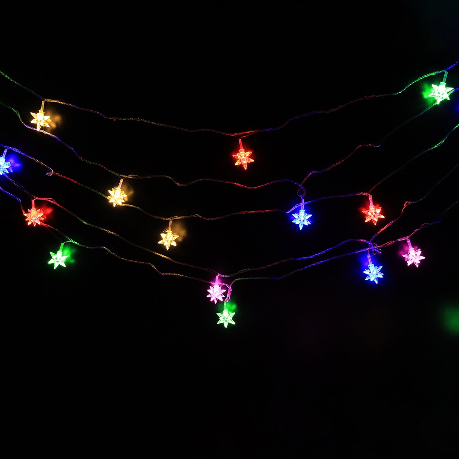 Multicolor LED decorative string light featuring glowing star-shaped covers for festive use