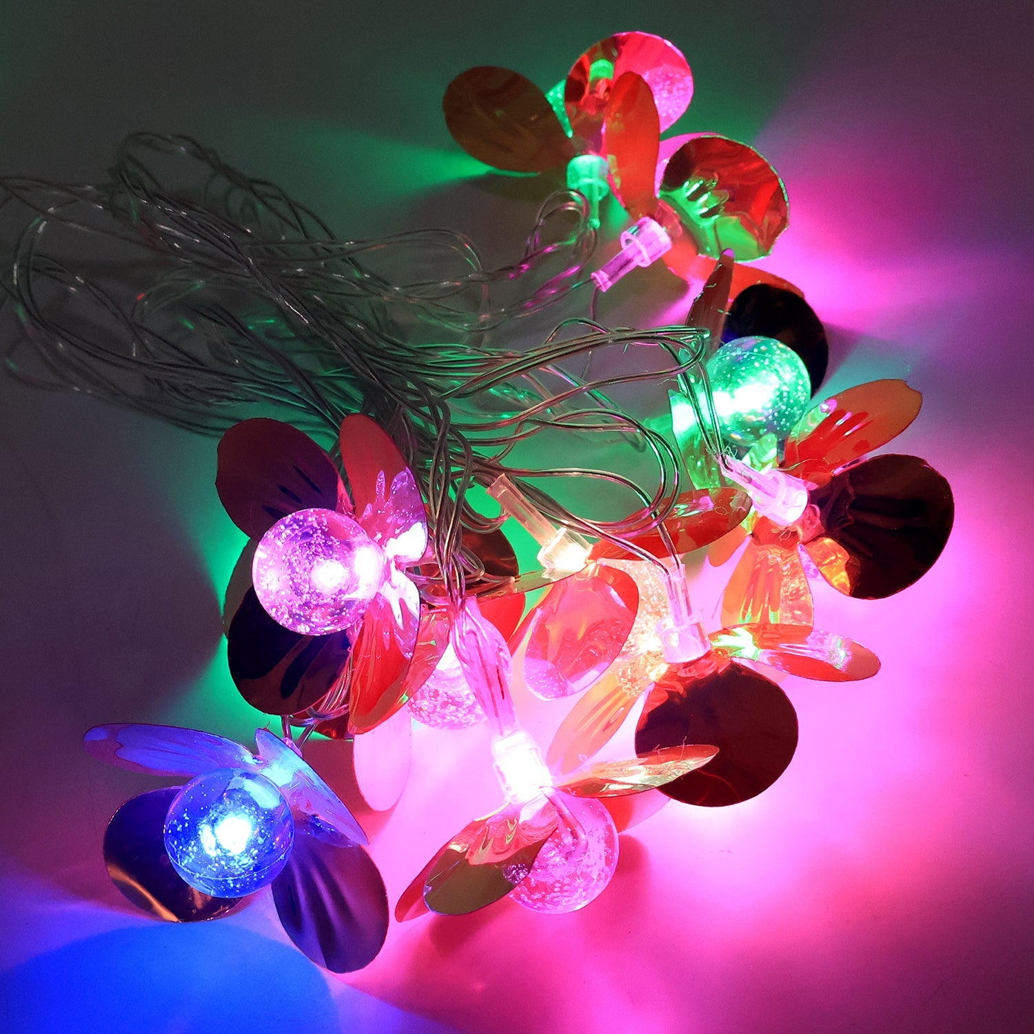 Multicolor flower LED string lights detail showing flower-shaped covers