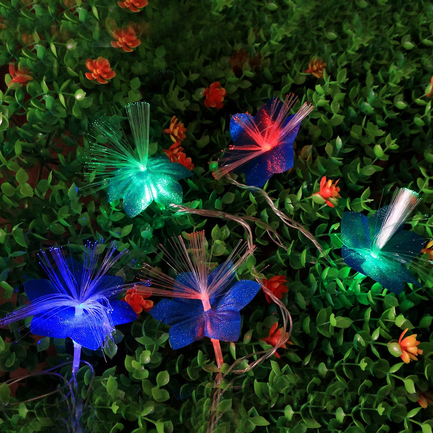 Colorful fiber flower LED string lights showing multicolor illumination suitable for festive décor