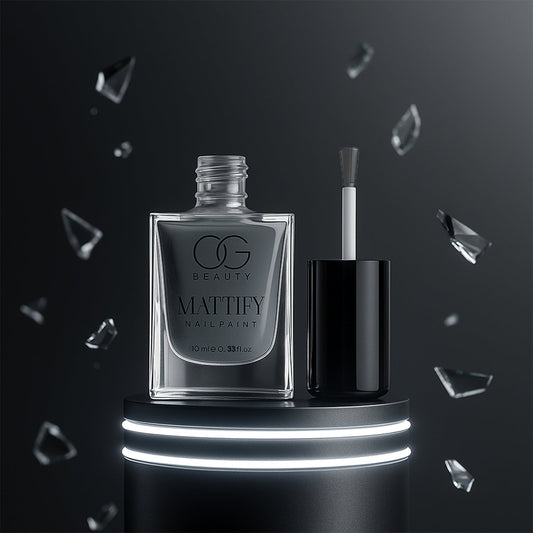 OG Beauty Calm Grey Mattify Nail Paint bottle on a minimalist background.