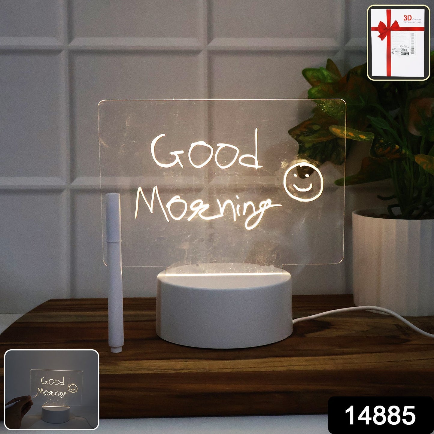 LED message board illuminated as a night light with marker pen