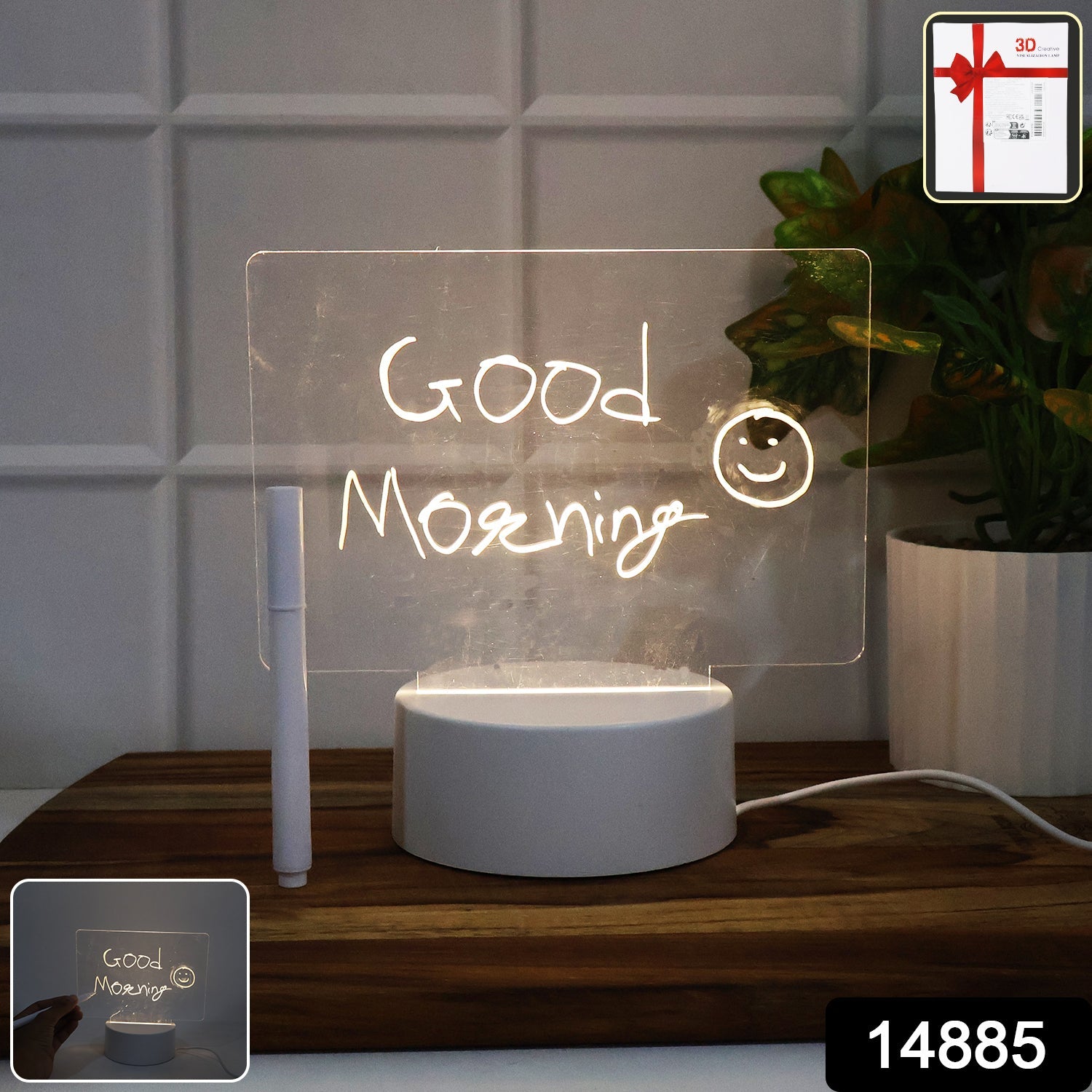 LED message board illuminated as a night light with marker pen