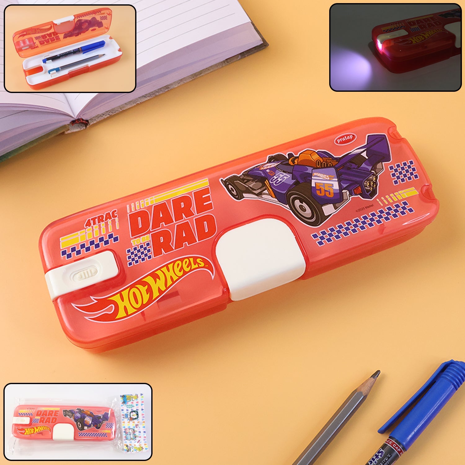 Kids LED Light Pencil Box with vibrant cartoon print and secure flap closure.