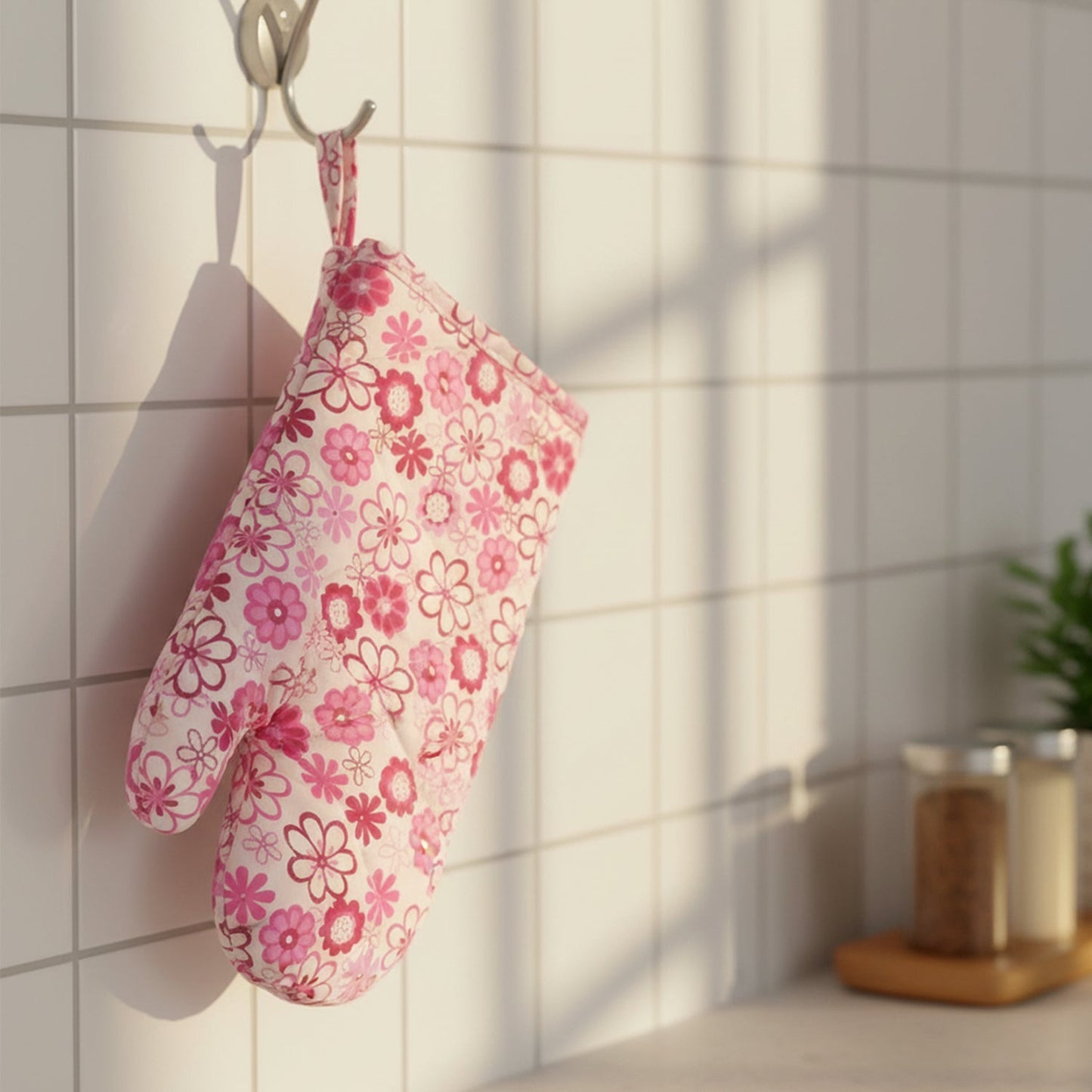 A different view of the spacious multicoloured oven mitt, showing its protective size.