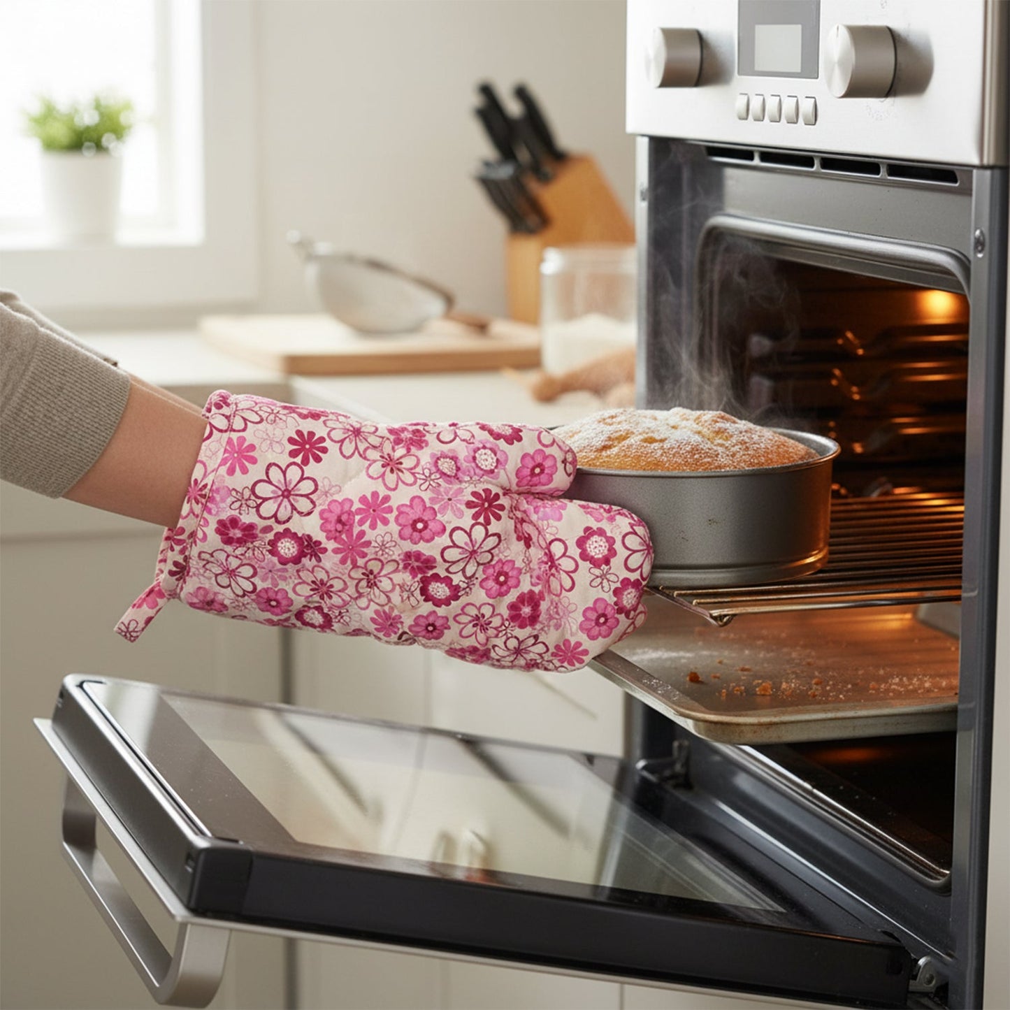 Overhead shot of the complete oven mitt and pot holder set.