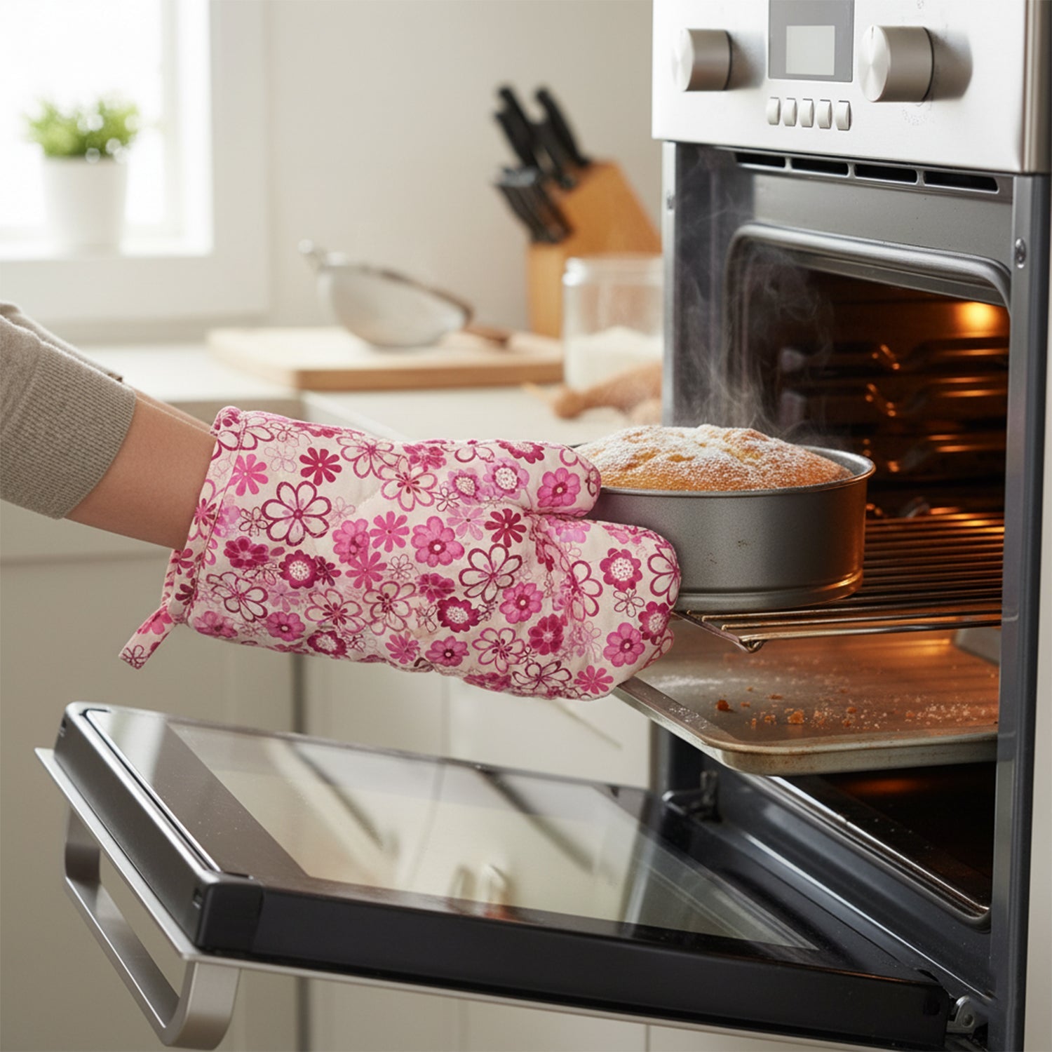 Overhead shot of the complete oven mitt and pot holder set.