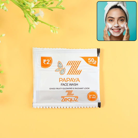 Papaya Face Wash sachet pack with fresh papaya fruit image