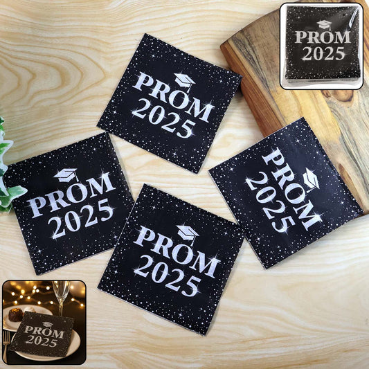 Prom 2025 party napkins pack with black background and graduation cap design