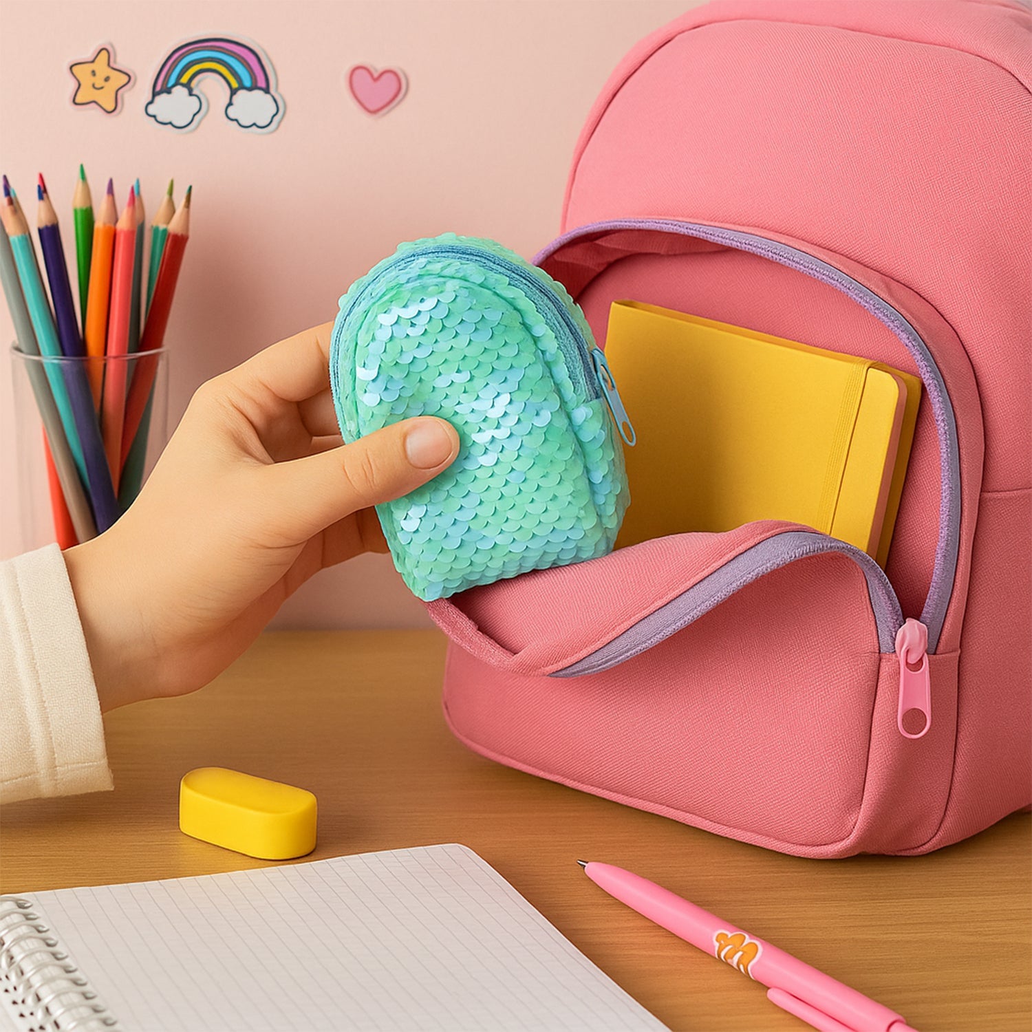 Sequin pouch held in hand, demonstrating its compact size and portability.