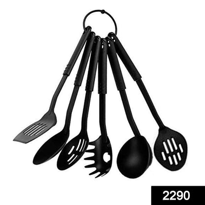 Close-up of the black non-stick spoon set, highlighting different utensil types.