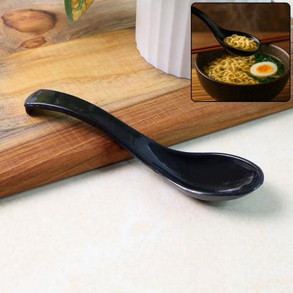 Black plastic soup spoon featuring a deep bowl for soups and noodles