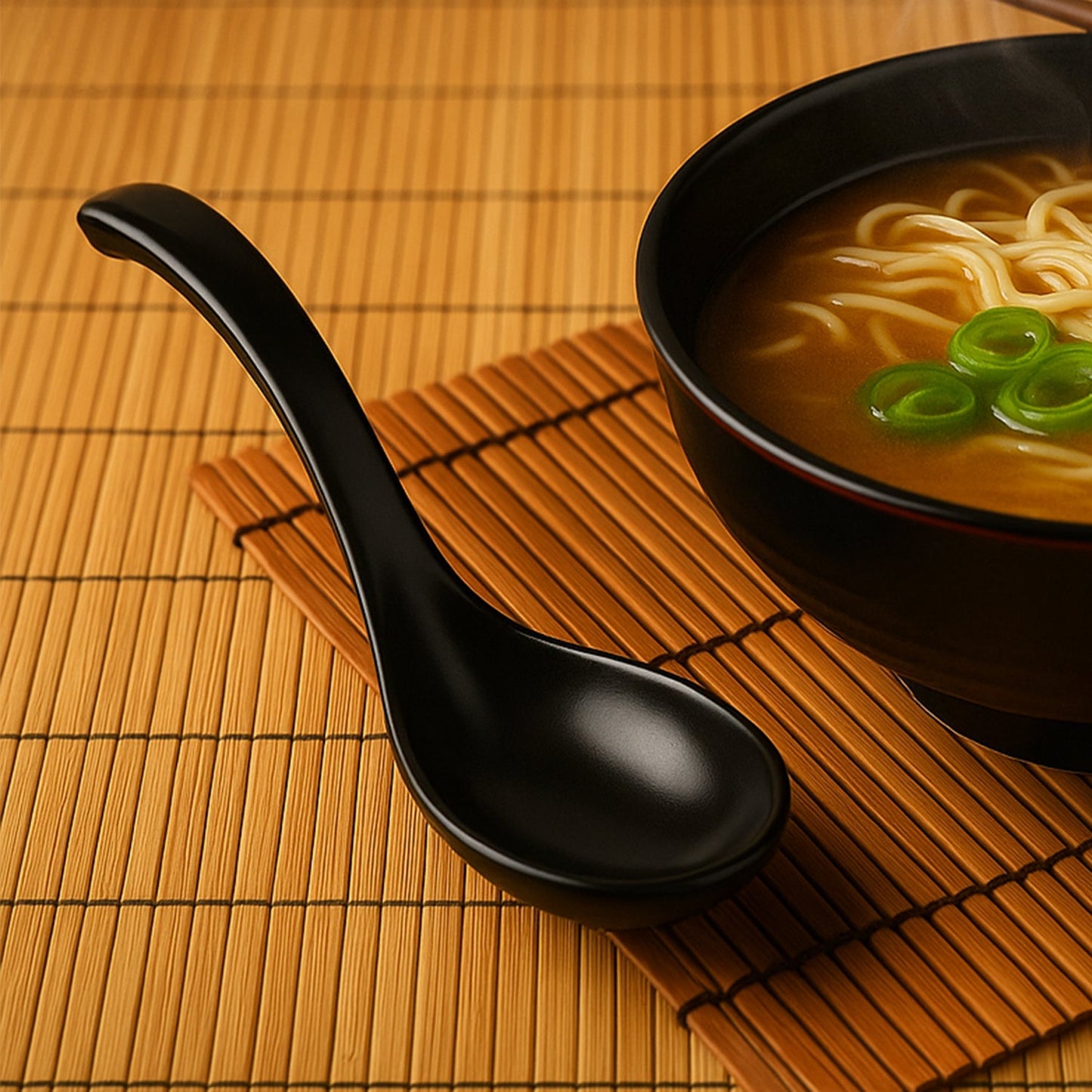 Close-up side angle of black plastic soup spoon with ergonomic handle
