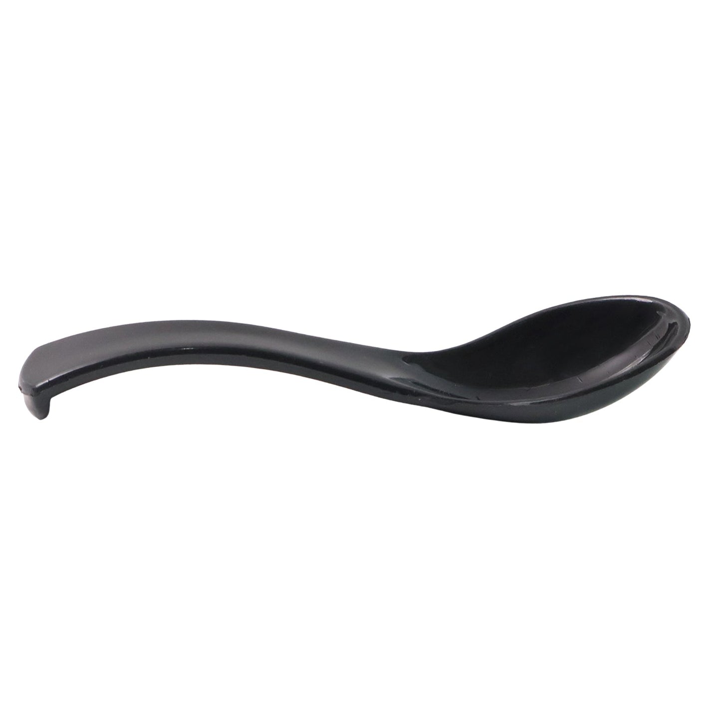 Black plastic soup spoon isolated on white background showing deep bowl