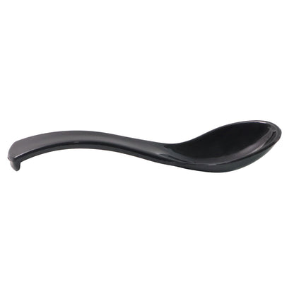Black plastic soup spoon isolated on white background showing deep bowl
