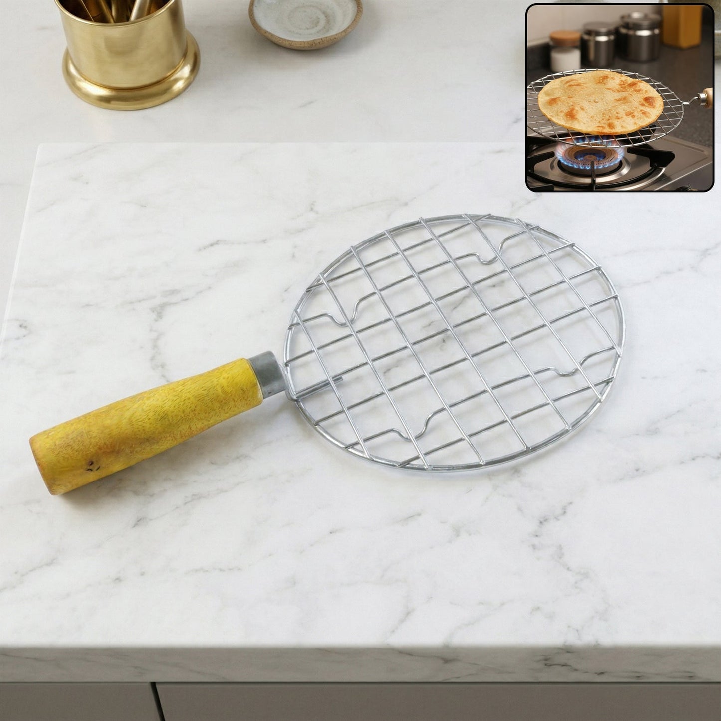 Papad Jali Roaster made of stainless steel with a wooden handle on a clean background.
