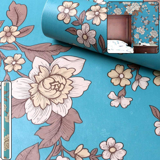 Floral decorative wallpaper roll with blue background and elegant flowers