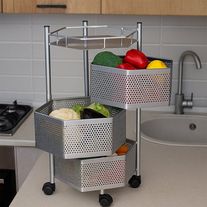 Kitchen trolley rack with ventilated hexagon baskets for organizing vegetables and fruits
