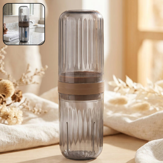 Foldable plastic travel toothbrush holder with built-in glass case