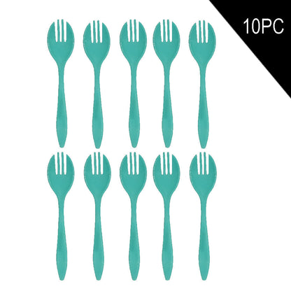 Close-up of a sturdy, reusable plastic fork.