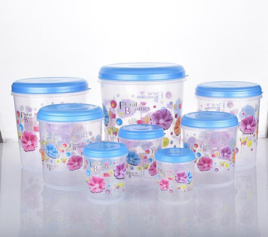 Complete 8-piece air tight plastic container set with elegant floral design.