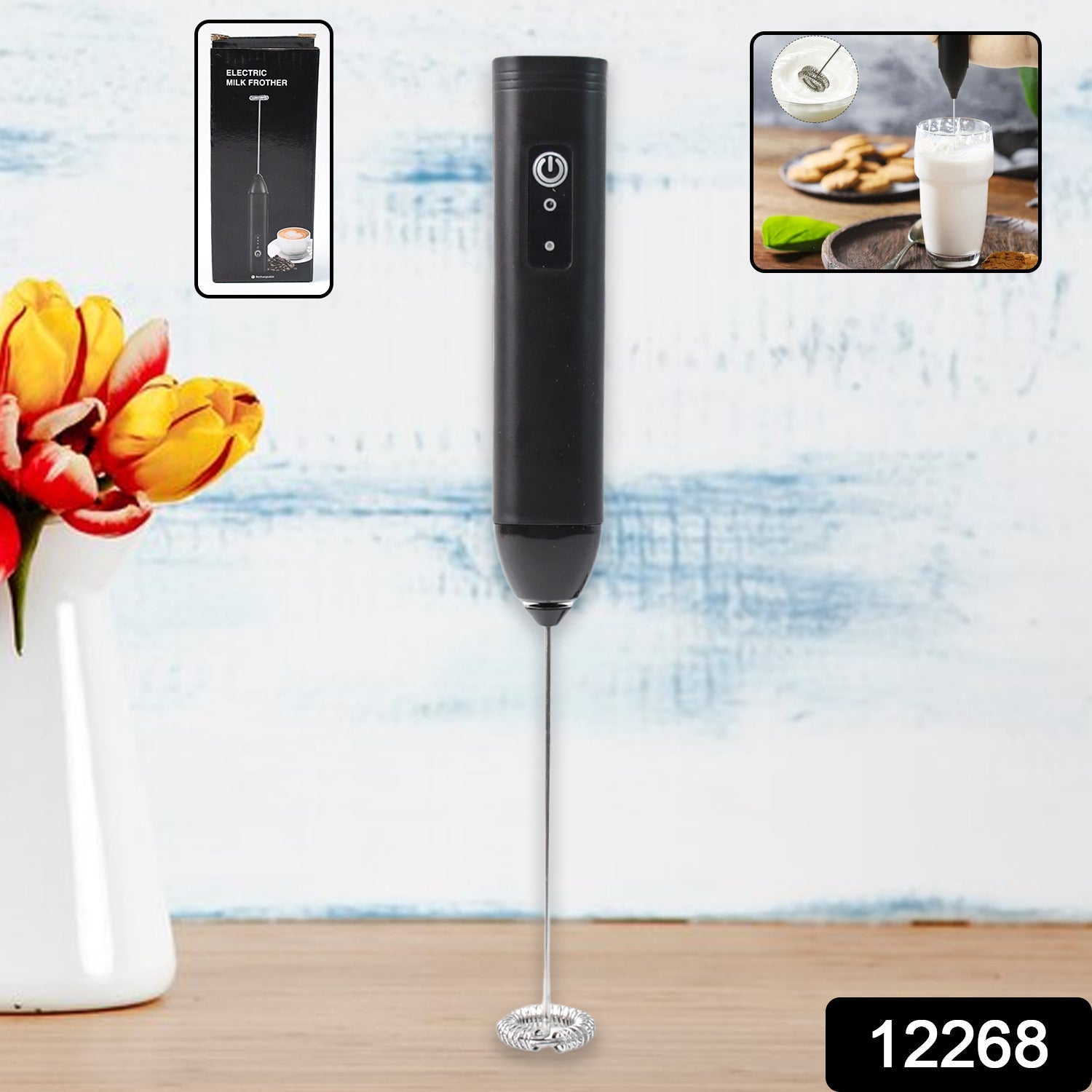 Compact battery-operated milk frother with ergonomic handle