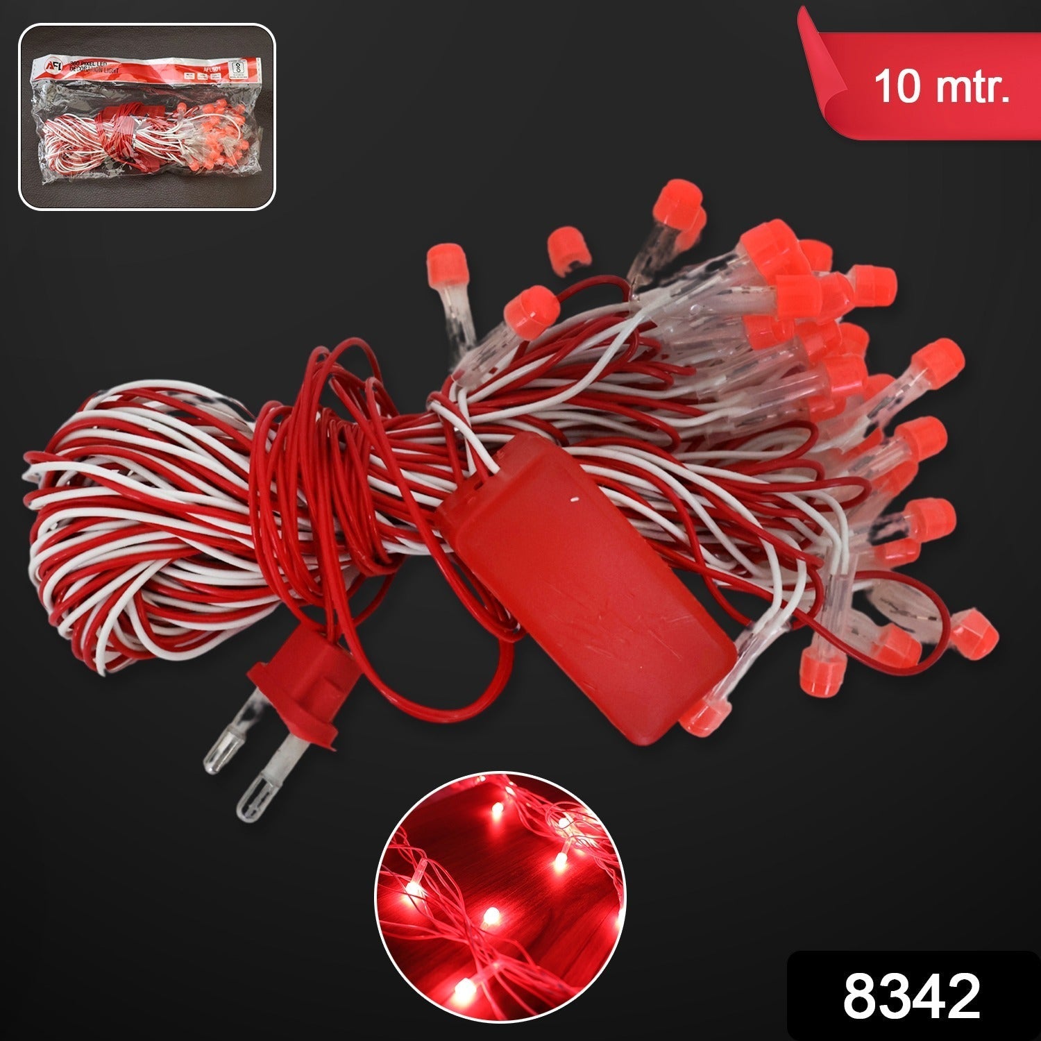 Close-up of red LED bulbs on decorative fairy string lights