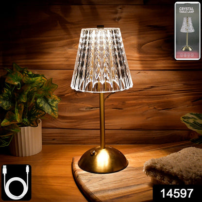 Close-up of crystal table lamp showcasing crystal-cut shade and warm ambient LED light