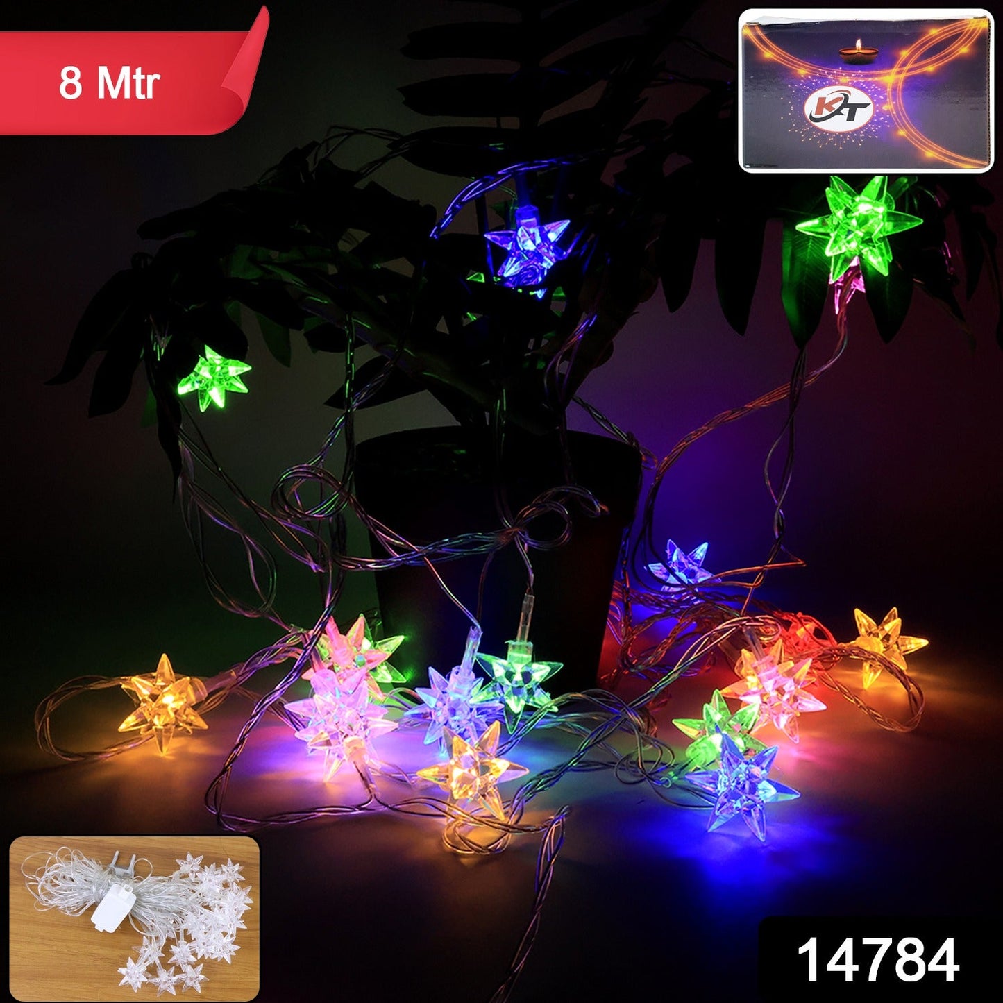 Close-up of decorative string light with multicolor star LED covers for festive decoration