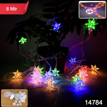 Close-up of decorative string light with multicolor star LED covers for festive decoration