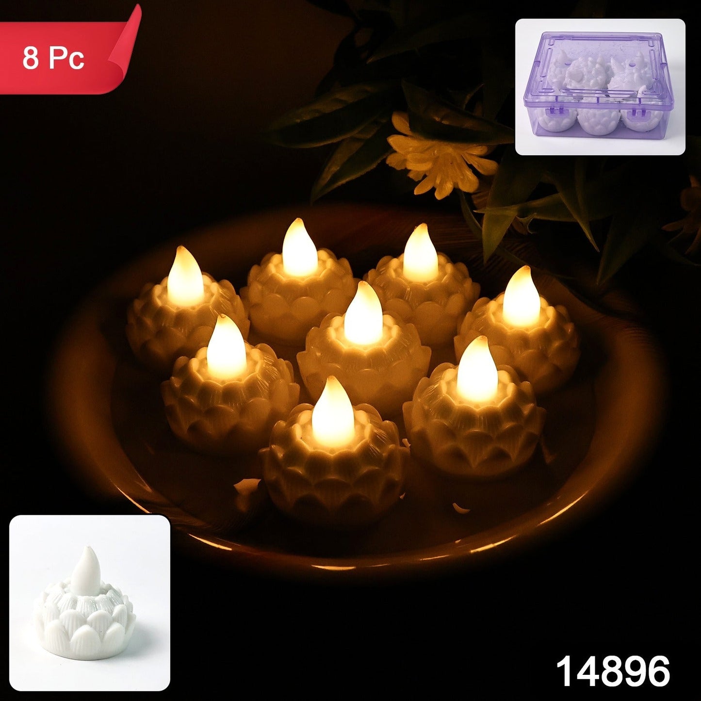 Close-up view of lotus shaped LED flameless tealight candle flickering