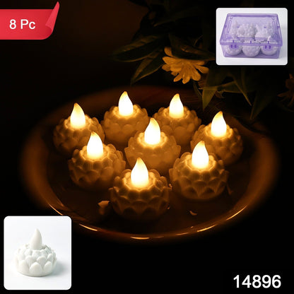 Close-up view of lotus shaped LED flameless tealight candle flickering