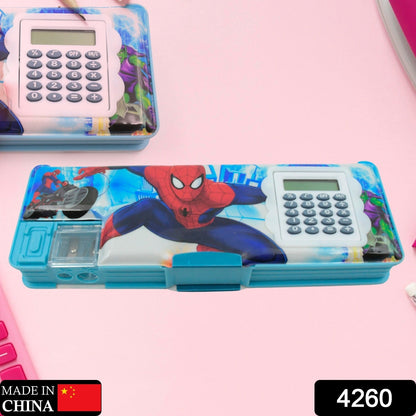 Open geometry box showing calculator, double sharpener, and organized compartments.