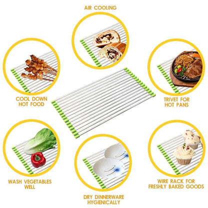 CookAura portable roll-up dish drying rack, shown in a modern kitchen setting.