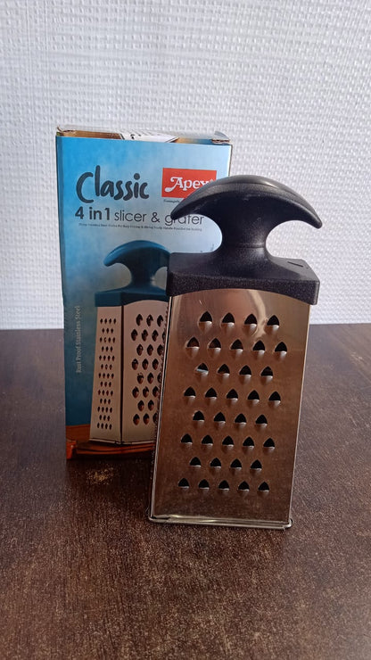 Close-up of stainless steel blades on 4-in-1 kitchen grater and slicer