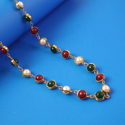 Pearl and stone necklace with gold finish chain showcasing ethnic design