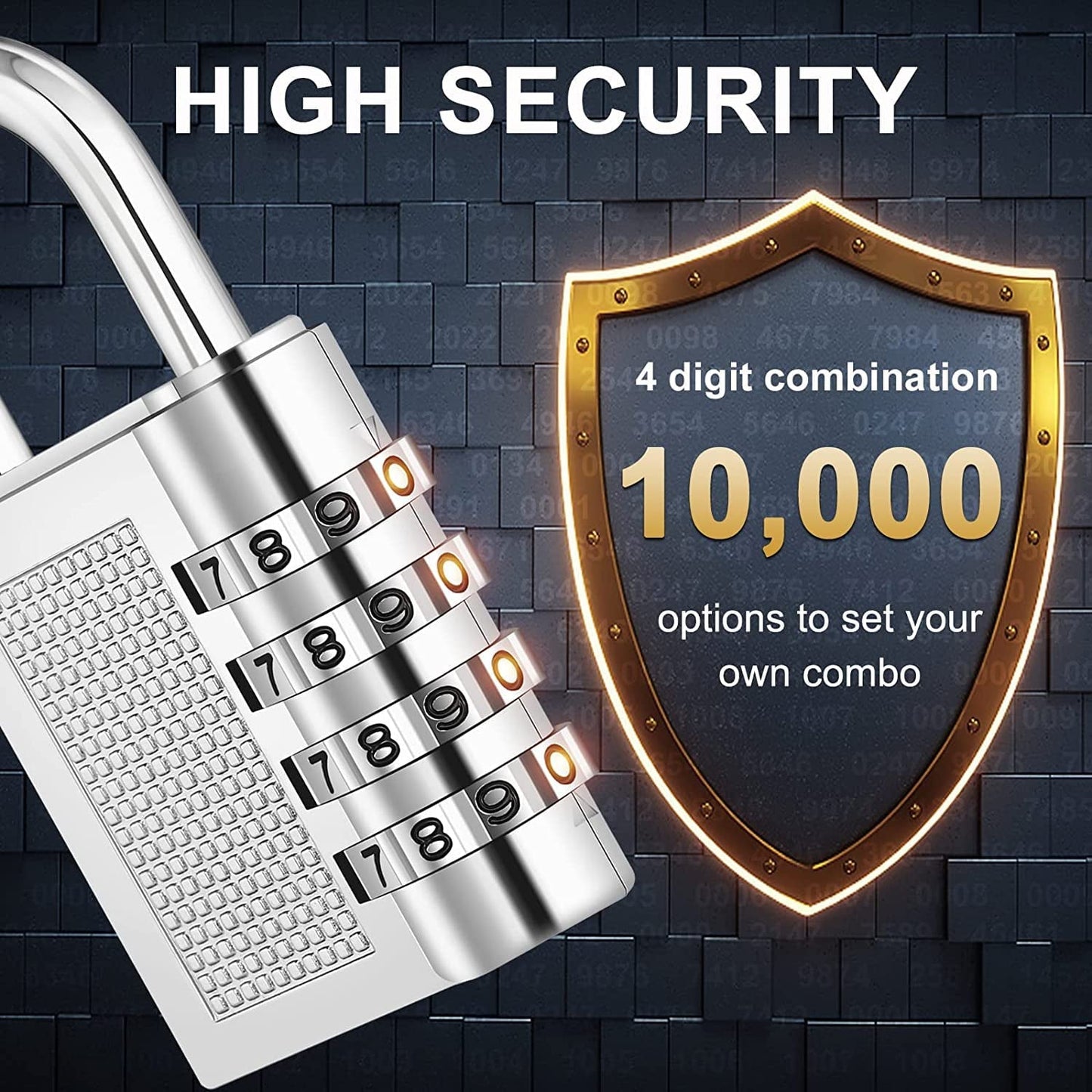 Resettable 4-digit padlock securing travel luggage and suitcases