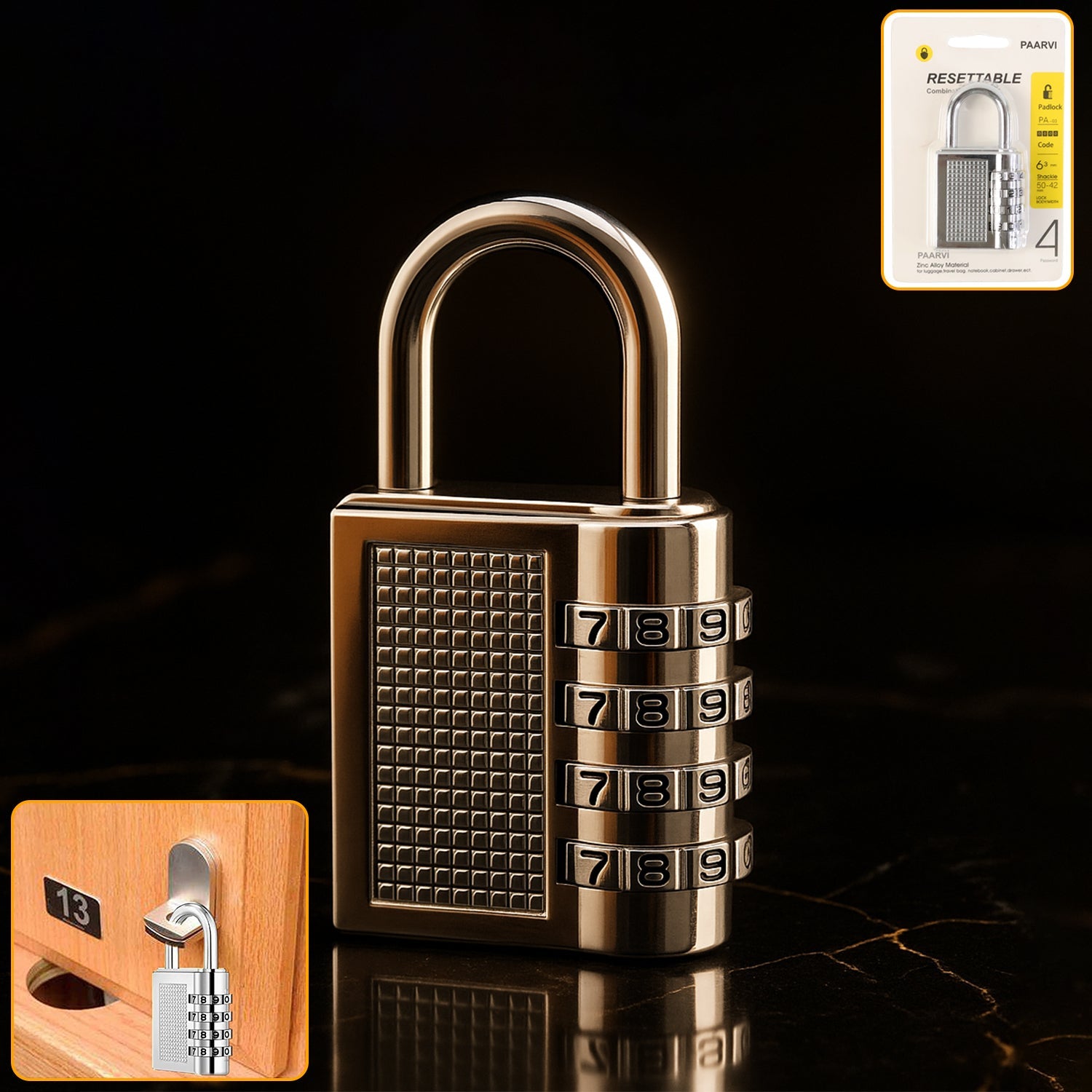 4-digit resettable combination padlock with polished metal body