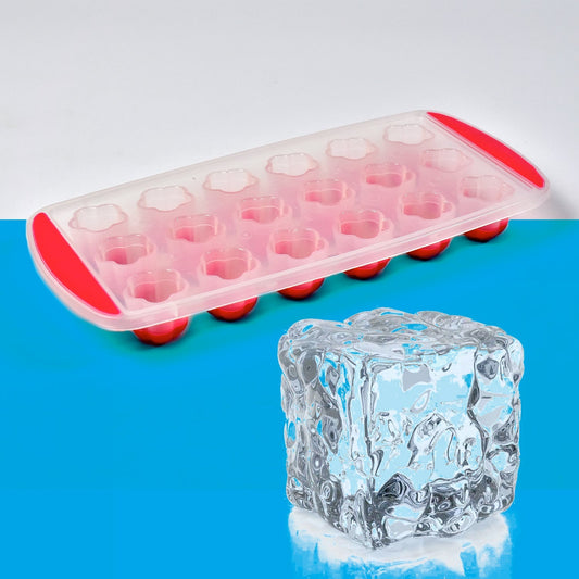 18-cavity flower ice tray made from pink silicone material.
