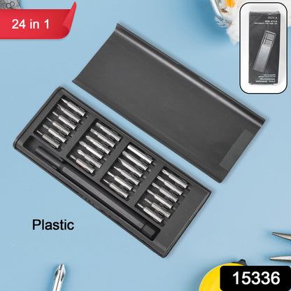 Close-up of 24 precision screwdriver bits laid out with the magnetic handle for electronics repair.